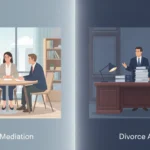 Divorce mediation vs. divorce attorney comparison with couples and legal professionals.