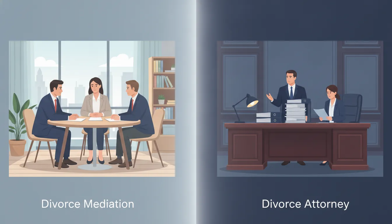 divorce-mediation-vs-divorce-attorney-which-is-right-552190 Divorce mediation vs. divorce attorney comparison with couples and legal professionals.