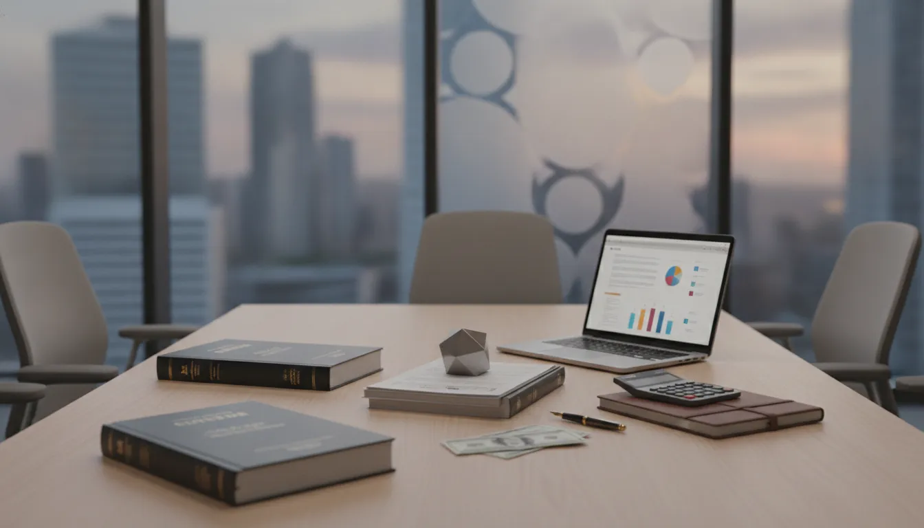 how-much-does-an-uncontested-divorce-attorney-cost-guide-352940 Legal desk with law books, cash, calculator, and laptop showing uncontested divorce attorney cost charts.