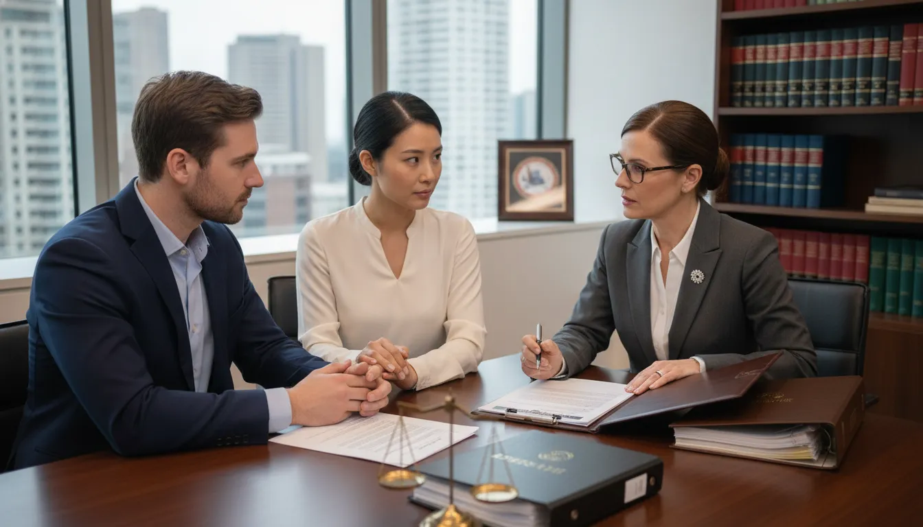 how-to-enforce-a-prenuptial-agreement-in-virginia-460516 Couple meeting with an attorney about enforcing a prenuptial agreement in Virginia.