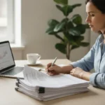 Person reviewing court paperwork and a laptop at a desk