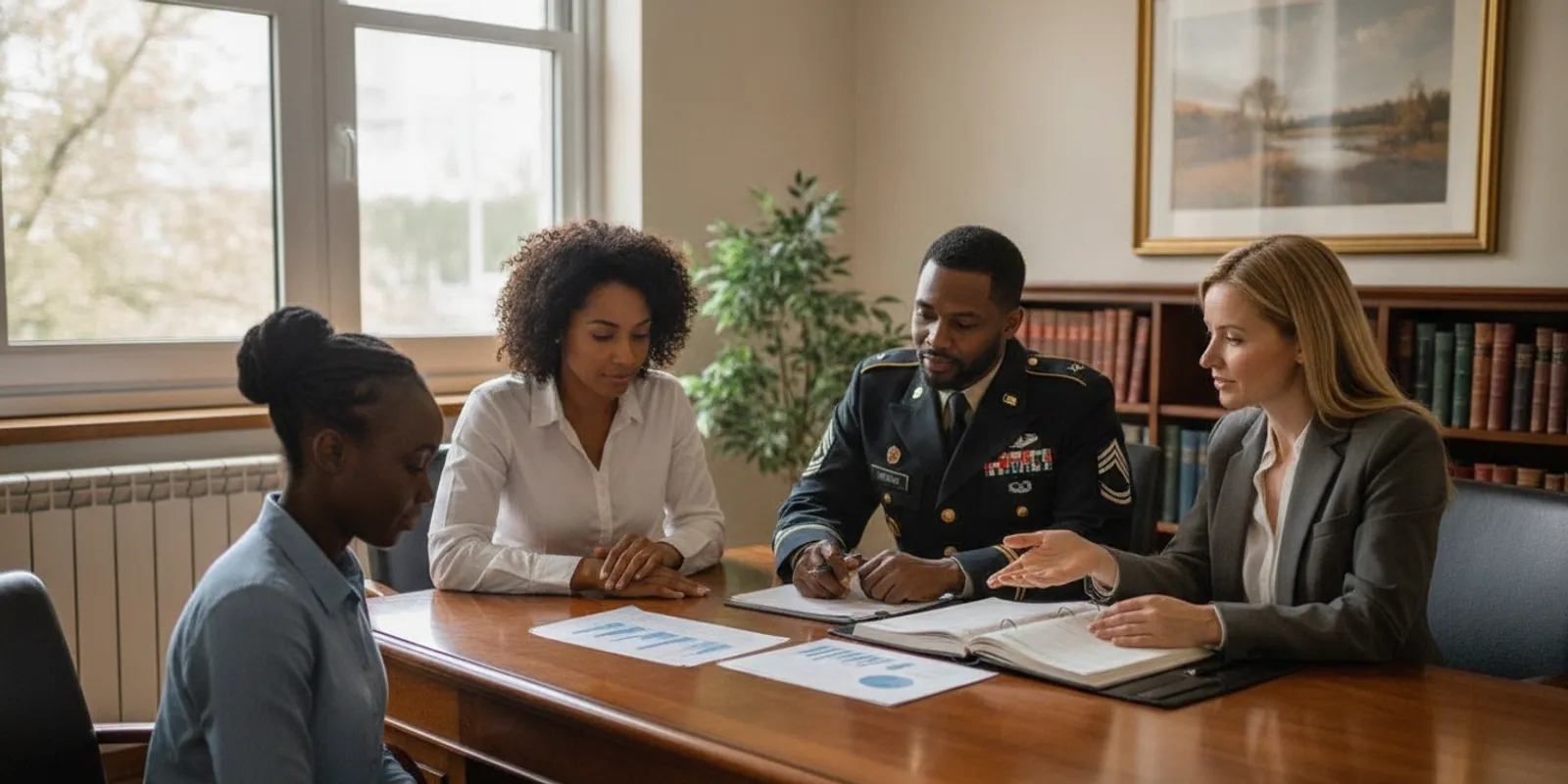 military-retirement-divorce-calculator-in-virginia-what-it-can-and-cannot-tell-you-974920 A couple reviewing military retirement paperwork with a legal professional at a desk
