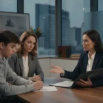 Juvenile criminal defense attorney meeting with teen and parent about a legal case.