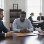 Three people discussing legal documents at a law office after a felony arrest in Virginia.