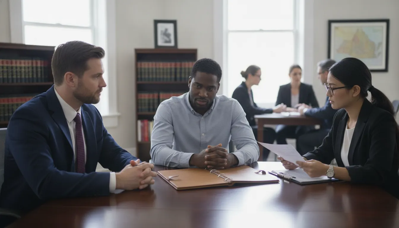 what-happens-after-a-felony-arrest-in-virginia-285532 Three people discussing legal documents at a law office after a felony arrest in Virginia.