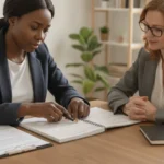 A person reviewing court papers with a legal professional at a desk