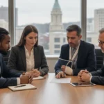 Four professionals meet with a personal injury attorney in a Virginia law office.