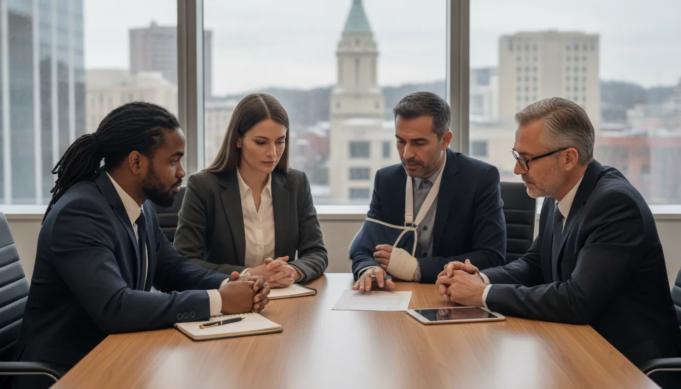 when-to-hire-a-personal-injury-attorney-in-virginia-579269 Four professionals meet with a personal injury attorney in a Virginia law office.