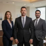 Three wrongful death attorneys in Hampton Roads, VA, standing in a modern office.